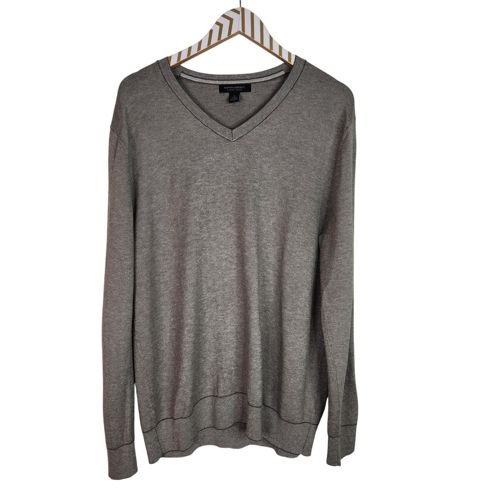 BANANA REPUBLIC Sweater Mens Large Gray V-Neck Birdseye Silk Cashmere Blend